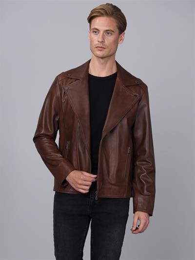 Basics And More Basics&More Men Biker Chestnut Leather Jacket - E2021