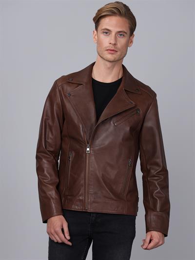 Basics And More Basics&More Men Biker Chestnut Leather Jacket - E2021