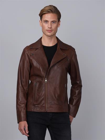 basics and more Basics&More Men Biker Chestnut Leather Jacket - E2021