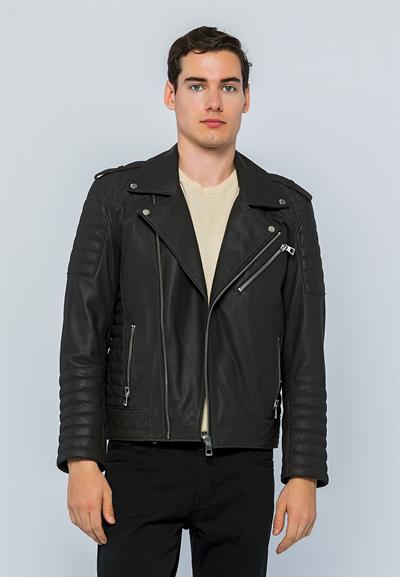 Basics And More Basics&More Men Biker Coffee Taffeta Leather Jacket - E6735