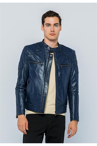 Basics And More Basics&More Men Biker Dark Blue Leather Jacket - E/1042