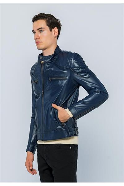 Basics And More Basics&More Men Biker Dark Blue Leather Jacket - E/1042
