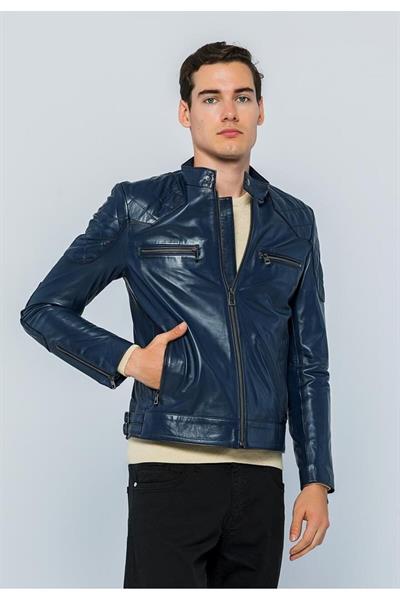 Basics And More Basics&More Men Biker Dark Blue Leather Jacket - E/1042