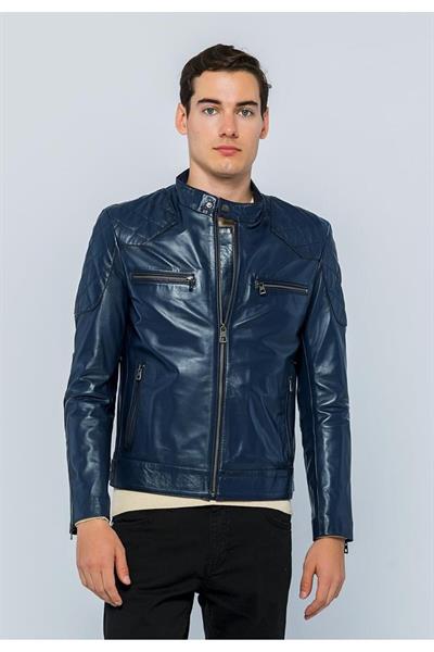 basics and more Basics&More Men Biker Dark Blue Leather Jacket - E/1042