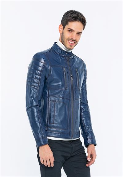 Basics And More Basics&More Men Biker Dark Navy Blue Leather Jacket - B3455