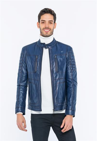 Basics And More Basics&More Men Biker Dark Navy Blue Leather Jacket - B3455