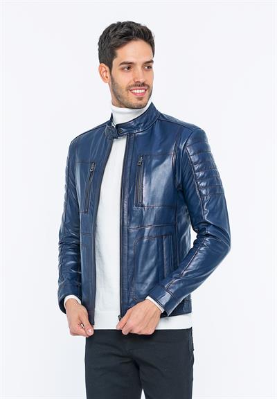 Basics And More Basics&More Men Biker Dark Navy Blue Leather Jacket - B3455