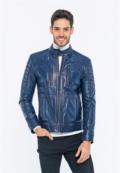 basics and more Basics&More Men Biker Dark Navy Blue Leather Jacket - B3455