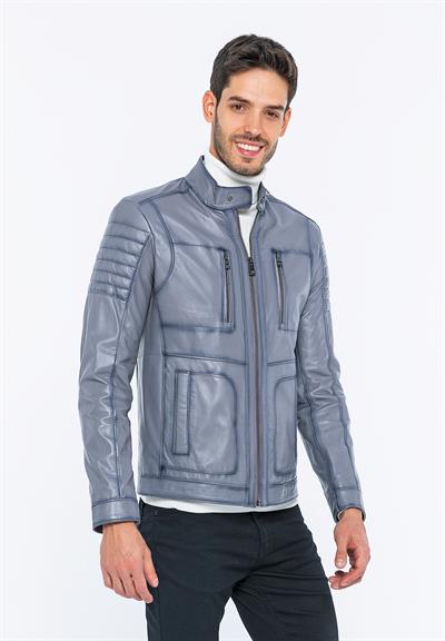 Basics And More Basics&More Men Biker Grey Leather Jacket - B3455