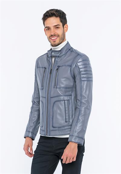 Basics And More Basics&More Men Biker Grey Leather Jacket - B3455