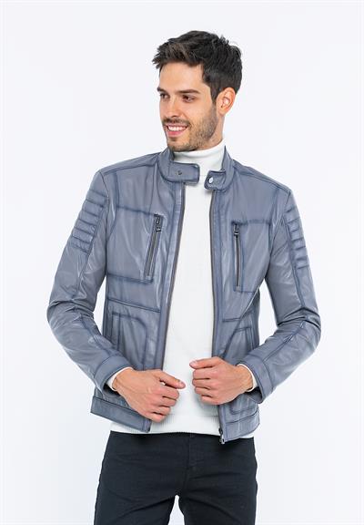 Basics And More Basics&More Men Biker Grey Leather Jacket - B3455