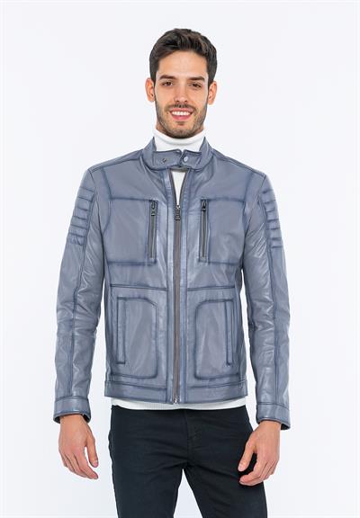 basics and more Basics&More Men Biker Grey Leather Jacket - B3455