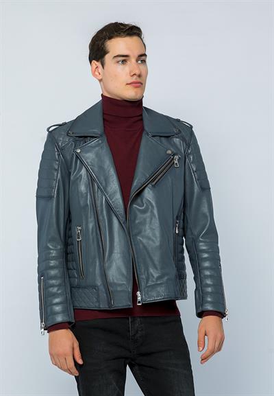 Basics And More Basics&More Men Biker Grey Leather Jacket - E6735