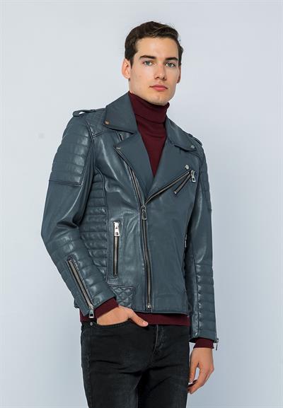 Basics And More Basics&More Men Biker Grey Leather Jacket - E6735