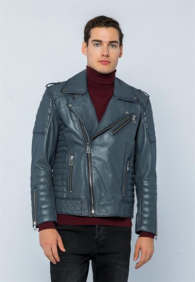 basics and more Basics&More Men Biker Grey Leather Jacket - E6735