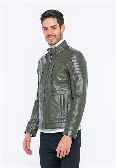 Basics And More Basics&More Men Biker Khaki Leather Jacket - B3455