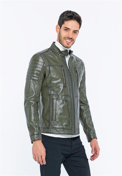 Basics And More Basics&More Men Biker Khaki Leather Jacket - B3455