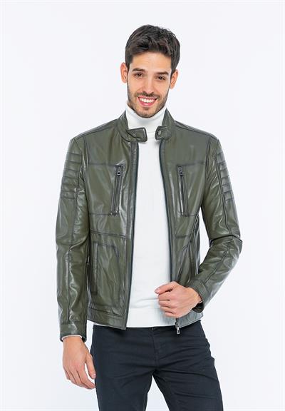 Basics And More Basics&More Men Biker Khaki Leather Jacket - B3455