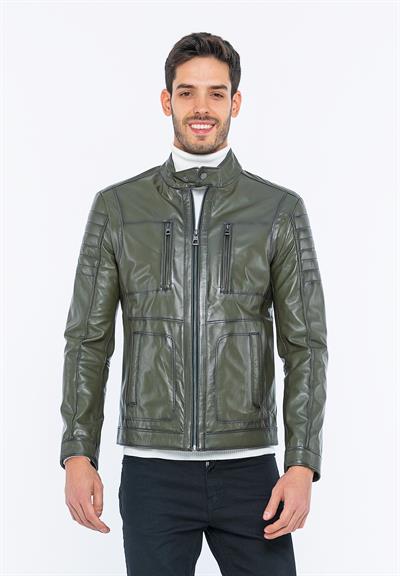 basics and more Basics&More Men Biker Khaki Leather Jacket - B3455