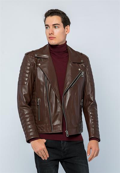 Basics And More Basics&More Men Biker Tea Leather Jacket - E6735