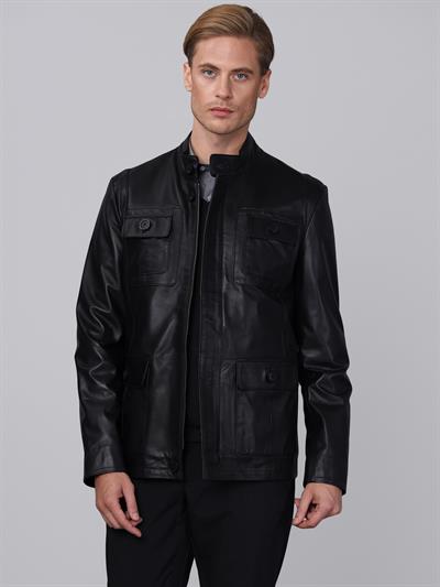 basics and more Basics&More Men Black Leather Jacket - SAFARI
