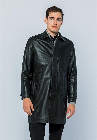 Basics And More Basics&More Men Buttoned Long Black Leather Jacket - French