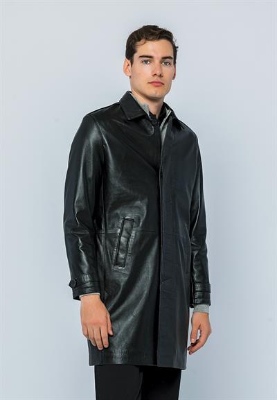 Basics And More Basics&More Men Buttoned Long Black Leather Jacket - French