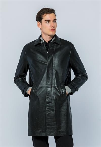 basics and more Basics&More Men Buttoned Long Black Leather Jacket - French basics and more Basics&More Men Buttoned Long Black Leather Jacket - French