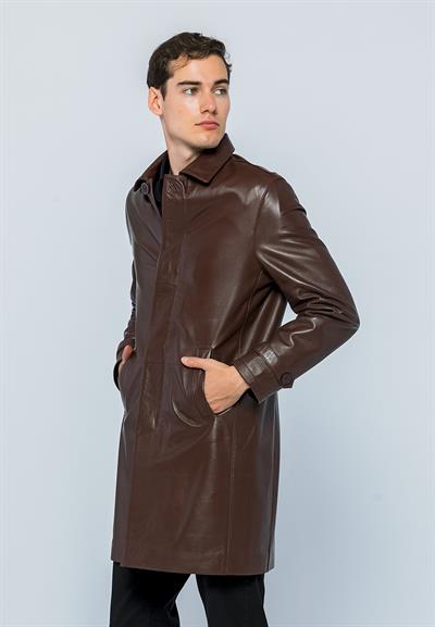 Basics And More Basics&More Men Buttoned Long Tea Leather Jacket - French