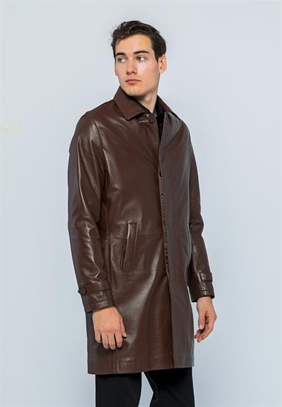 Basics And More Basics&More Men Buttoned Long Tea Leather Jacket - French
