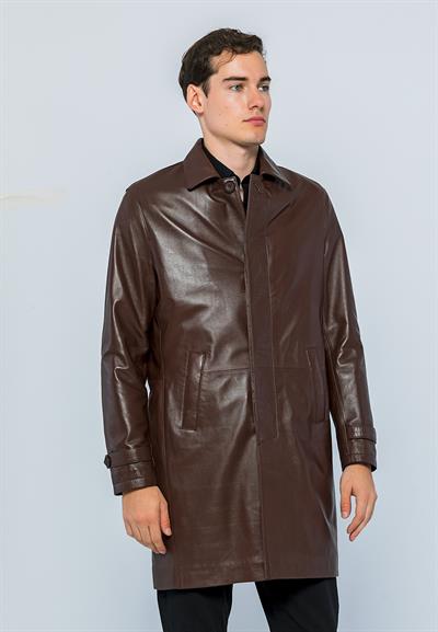 Basics And More Basics&More Men Buttoned Long Tea Leather Jacket - French