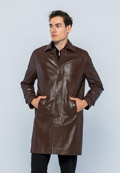 basics and more Basics&More Men Buttoned Long Tea Leather Jacket - French basics and more Basics&More Men Buttoned Long Tea Leather Jacket - French