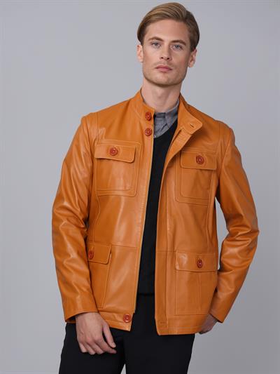 Basics And More Basics&More Men Camel Leather Jacket - SAFARI