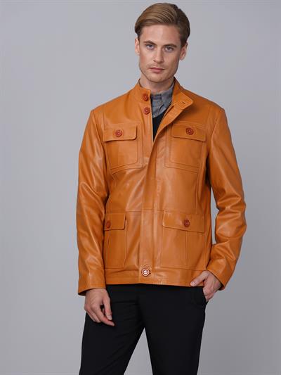 basics and more Basics&More Men Camel Leather Jacket - SAFARI