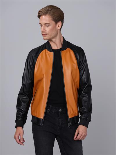 Basics And More Basics&More Men College Black/Camel Leather Jacket - ES506