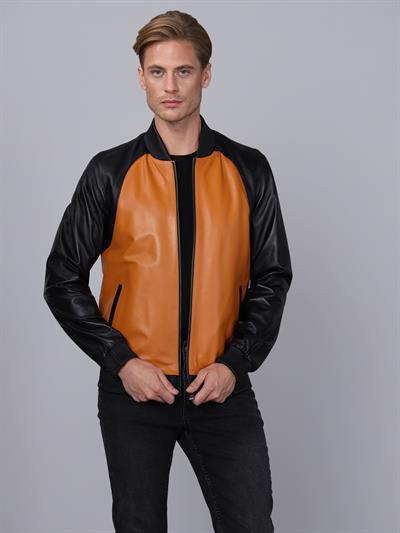 Basics And More Basics&More Men College Black/Camel Leather Jacket - ES506