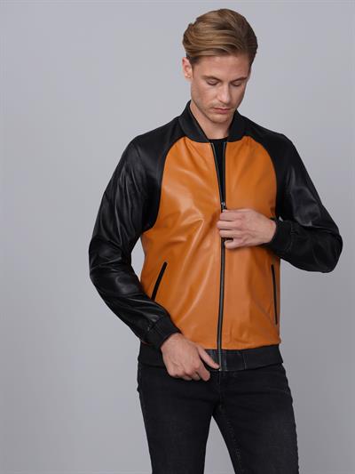 Basics And More Basics&More Men College Black/Camel Leather Jacket - ES506
