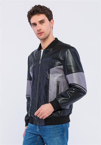 Basics And More Basics&More Men College Black/Grey Leather Jacket - YNS44