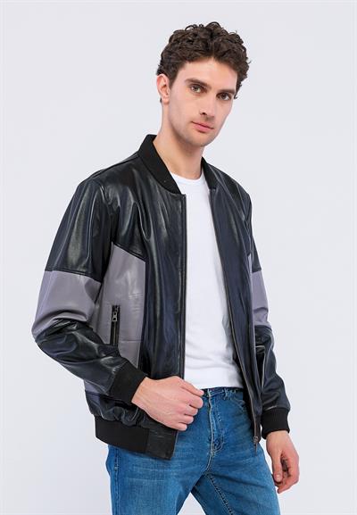 Basics And More Basics&More Men College Black/Grey Leather Jacket - YNS44