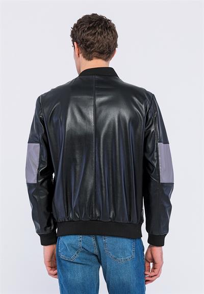 Basics And More Basics&More Men College Black/Grey Leather Jacket - YNS44