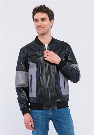 basics and more Basics&More Men College Black/Grey Leather Jacket - YNS44