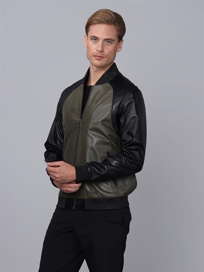 Basics And More Basics&More Men College Black/Khaki Leather Jacket - ES506