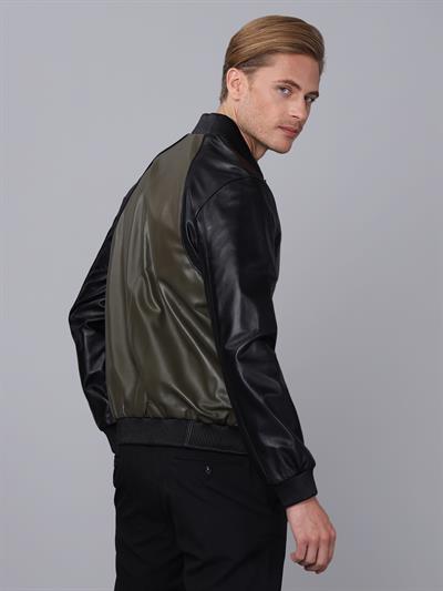 Basics And More Basics&More Men College Black/Khaki Leather Jacket - ES506