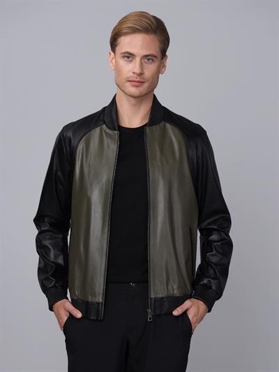Basics And More Basics&More Men College Black/Khaki Leather Jacket - ES506