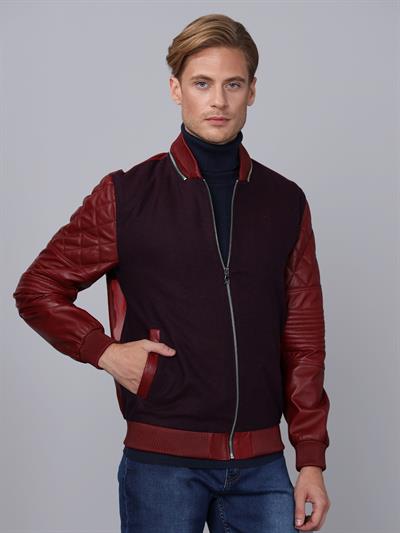 Basics And More Basics&More Men College Burgundy Leather Jacket - E1032