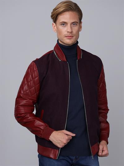 Basics And More Basics&More Men College Burgundy Leather Jacket - E1032