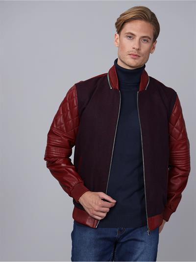 Basics And More Basics&More Men College Burgundy Leather Jacket - E1032
