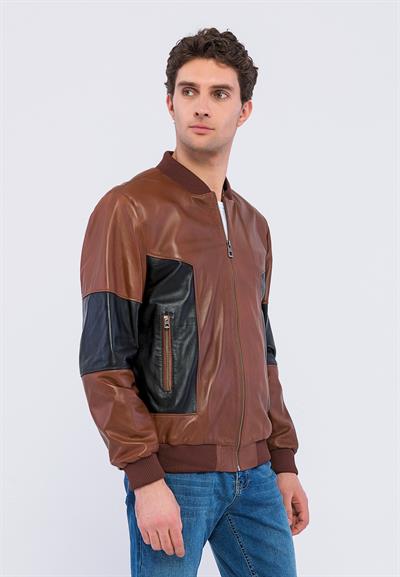Basics And More Basics&More Men College Chestnut/Black Leather Jacket - YNS44