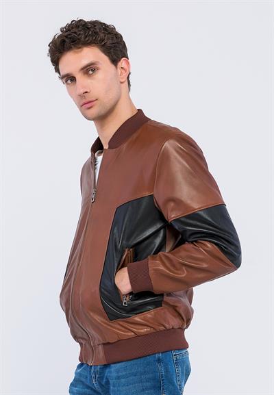 Basics And More Basics&More Men College Chestnut/Black Leather Jacket - YNS44
