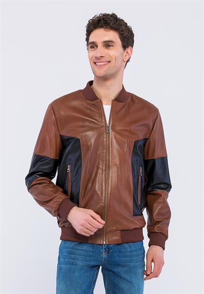 Basics And More Basics&More Men College Chestnut/Black Leather Jacket - YNS44